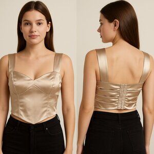 Tic Toc Women's Medium Tan Satin Sleeveless Corset Crop Top